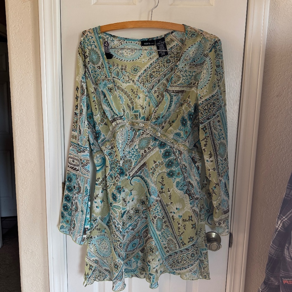 Flowy green / blue tunic top w/ gold shimmer thread Sz 1x